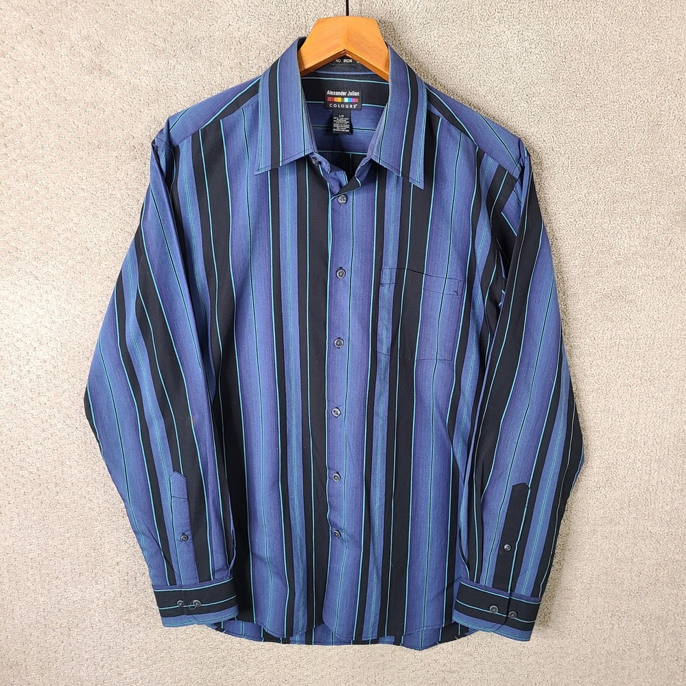 Alexander Julian Colours Shirt Men L Blue Black Striped No Iron Button Up Cotton